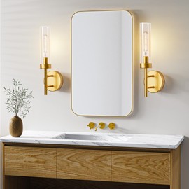 Gold Wall Sconces, 15.3'' Bathroom Wall Sconces Set of Two, Modern Sconce Vanity Light Fixtures for Bathroom Mirror Clearance Living Room Bedroom, Indoor Sconces Wall Lighting w/Clear Acrylic Shade