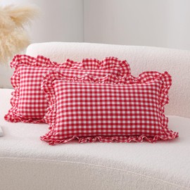 K MASANIJI 2 Pack Red Plaid Ruffle Gingham Lumbar Pillow Shams 12x20 inches, Washed Cotton Checkered Farmhouse Zipper Closure Pillow Covers for Bed/Sofa (Lumbar, Red/White Plaid)