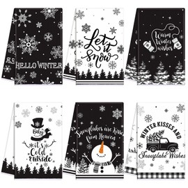 FuWeave 6 Pcs Christmas Kitchen Towels Black White Winter Dish Towel 15.8 x 23.6'' Xmas Snowflake Snowman Hand Towel Decorative Let It Snow Tea Towel Farmhouse Kitchen Decor for Housewarming Gift