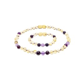 AmberSky Genuine Amber Necklace and Bracelet from Baltic Sea Made with Polished Lemon Amethyst and Violet Agate 33 cm (13 and 5.9 Inches), Baltic-Amber