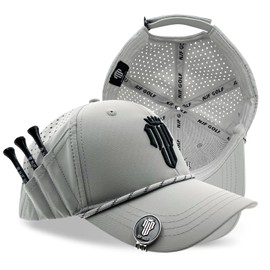 Golf Hats Men – Breathable Golf Caps for Men with Tee Holder & Clip-On Magnetic Ball Marker, Lightweight Adjustable Rope Mens Cap, Snapback Mens Caps, Moisture-Wicking Golfing Gear, Light Gray