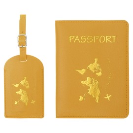 PATIKIL Passport Cover Holder and Luggage Tag Set, PU Leather Passport Case Holder Travel Tag Suitcase Identifier Travel Accessories for Men Women, Dark Yellow