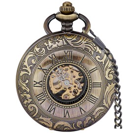 Alwesam Vintage Hand Wind Up Pocket Watches for Men, Roman Numerals Scale Mechanical Pocket Watch with Chain,Double Open Mens Skeleton Pocket Watch(Bronze)