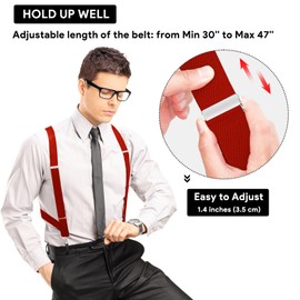 JTCMOJS Mens Trucker Side Clip Suspenders Heavy Duty X Back 1.4" Wide Braces Red