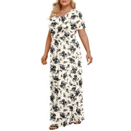 LONGYUAN Women Plus Size Maxi Dress Short Sleeve Casual Stretch Long Dresses with Pockets Ink Rose, 3XL