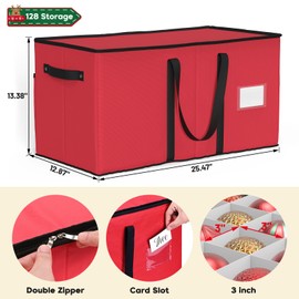 Kesfitt Christmas Ornament Storage Box with 8 Trays,Christmas Storage Container with Dividers Fits 128 Holiday Ornaments Decorations,Double Zipper,Large Xmas Organizer with Pockets