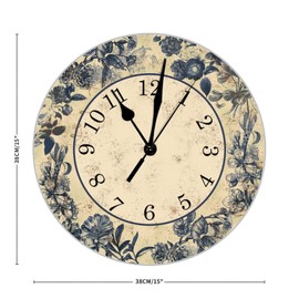 UanMere Blue Floral Toile Wood Clock French Floral Wreath Wall Clocks Bathroom Quartz Wooden Round Wall Clocks Silent Non-Ticking Wooden Wall Clocks 15 inch Shabby Chic Wall Clocks Housewarming Gift