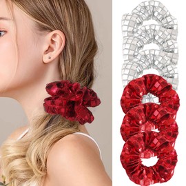 BAISEN 6Pcs Sequin Hair Scrunchies for women, Metallic Silver Red Elastics Ponytail Holders, Retro Light Up Scrunchies for Girls, Disco Ball Favors Hair Accessories for Christmas Rave Party