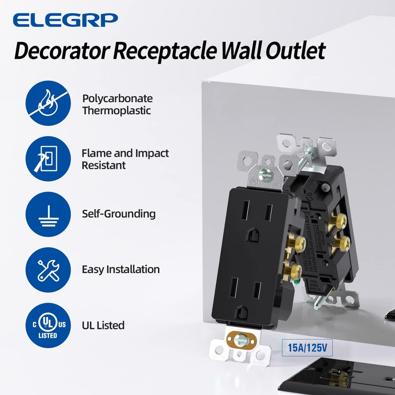 ELEGRP Decorator Receptacle, 15A 125V Standard Electrical Wall Outlet, 2
