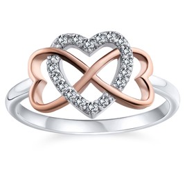 Romantic Two Tone Pave CZ Accent Cubic Zirconia Crossover Intertwined Infinity& Heart Promise Ring For Women Rose Gold Plated .925 Sterling Silver