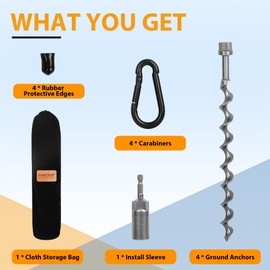 11.5" Ground Anchors Screw-in, 4-Pack Earth Anchors with Carabiners and Power Nut Driver Drill Bit, Heavy Duty Steel Anchors for Camping Tents, Swing Sets, Securing Animals, Sheds and Trampolines