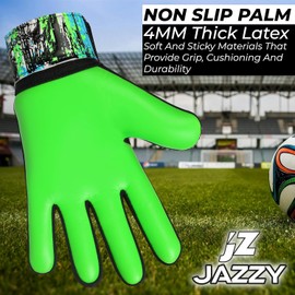 Jazzy Sports Soccer Goalie Gloves for Kids, Youth Goalkeeper Gloves Anti Slip 4mm Latex Palm with Strong Grip Double Wrist Protection (Green-Black, Size 3 Suitable for 5-6 Years)