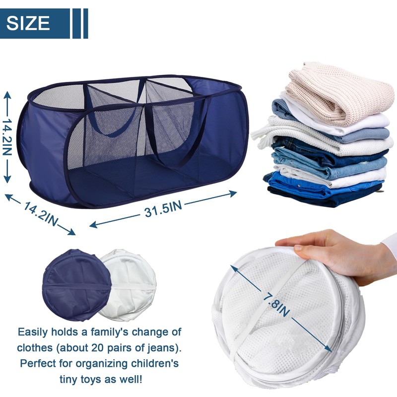 2 Pack Collapsible Laundry Baskets 3 Compartment, Mesh Pop Up