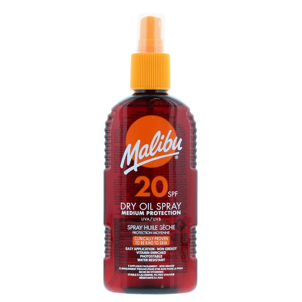 Malibu Wasserabweisendes, nicht fettendes Trockenöl mit mittlerem Schutz, Sonnenspray, LSF 20, 200 ml