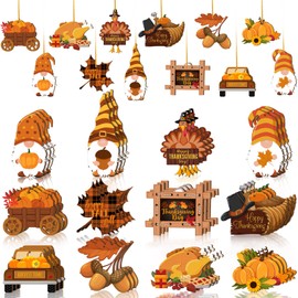 36 Pcs Fall Thanksgiving Wooden Ornaments Hanging Wood Gnome Turkey Maple Leaf Acorn Pumpkin Cutouts Happy Thanksgiving Decorative Ornaments Thanksgiving Hanging Ceiling Decoration for Autumn Harvest