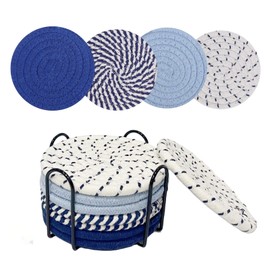 Tootesa Coasters for Drinks, Pack of 8 Handmade Coasters, Glasses with Holder, Round Coasters Made of Cotton, Washable, Wear-resistant Cup Mats, Table Decoration (Blue 4-Colour)