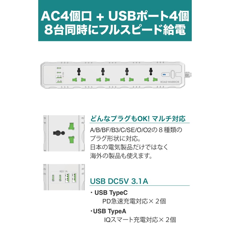 ROAD WARRIOR RW130BK Power Strip with USB & Cord for
