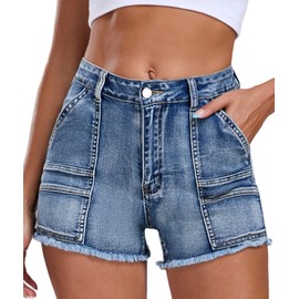 Aotasely 2025 Women's Stretchy Cargo Denim Shorts Mid Rise Jean Shorts Raw Hem Jorts with Pockets Short Jeans 3.5" Inseam