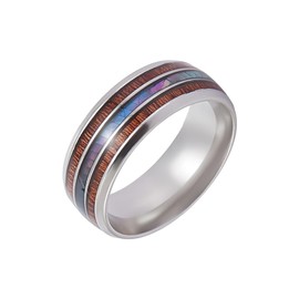 UNICRAFTALE 1pc Stainless Steel Rings for Men Size 9 Wood Inlay Dome Abalone Shell Center Ring Wedding Engagement Ring Classical Plain Ring for Jewelry Making Gift 8mm Wide
