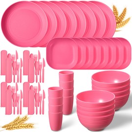 Didaey Wheat Straw Dinnerware Sets Unbreakable Plates and Bowls Microwave Safe Plastic Lightweight Knives Forks Spoons for Kitchen Outdoor Camping Party(Rose Red, 64 Pcs)