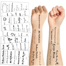 8 Sheets Quote & Symbol Temporary Tattoos – Realistic Black Ink Designs with Birds, Stars, ECG, Infinity, Script Letters – Long-Lasting Peel & Apply Tatoos for Arm, Neck, Face – Adults & Teens