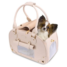 PetsHome Dog Carrier Purse, Pet Carrier, Cat Carrier, Foldable Waterproof Premium Leather Pet Travel Portable Bag Carrier for Cat and Small Dog Home & Outdoor Beige