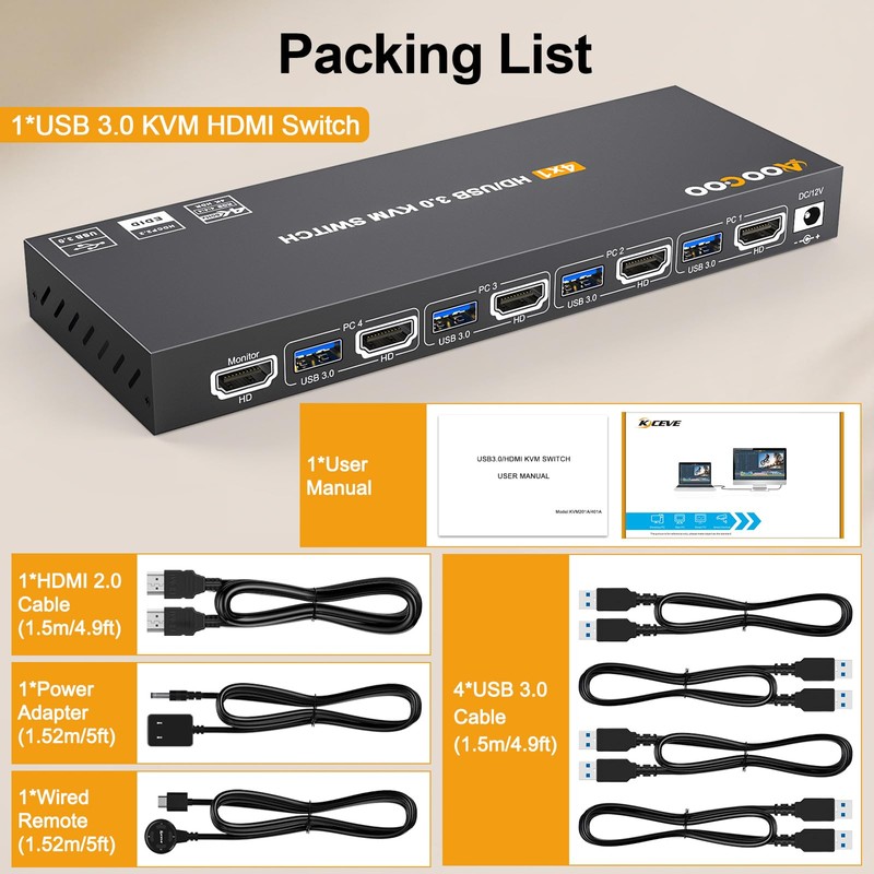 KVM Switch HDMI 4K@60Hz,KVM Switches with Simulation EDID for 4