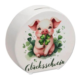Lucky Pig with Clover Leaf Money Box Pig as Lucky Charm Green Clover Leaf Animal Money Box Nature and Plant Design