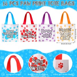 Hosuly 16 Pcs Paw Print Bags Paw Party Gift Bags Dog Treat Bags 8 inch Inspirational Motivational Dog Tote Bags for Kids Non Woven Bag Bulk School Party Favors Gift Bag for Pet Treat Party Birthday