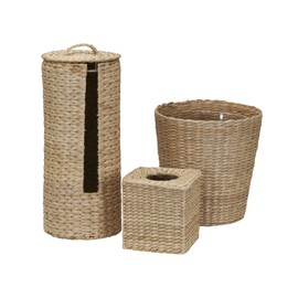 Household Essentials 3 Piece Wicker Bathroom Set with Garbage Bin, Toilet Paper Holder and Tissue Box | Brown, Natural