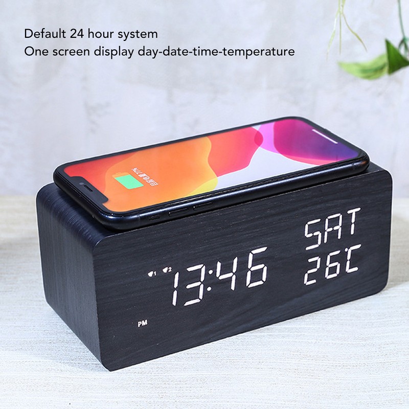 Wooden Digital Alarm Clock with Wireless Charging Black Adjustable Brightness
