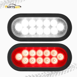 Partsam 2Pcs 6.7 Inch Oval Red Stop Turn Tail Lights and White Backup Lights Kit 12 Diodes w/Rubber Grommets & 3-Prong Wire Pigtails, Dual Color Led Truck Trailer Tail Lights and Reverse Lights
