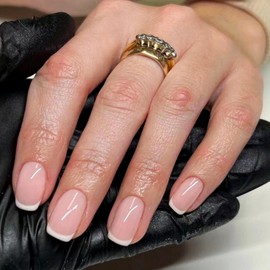 Press on Nails Short Square French Tip Fake Nails with Simple Nude White Trim Design Full Cover Glossy Acrylic Glue on Nails False Nails Thick Stick on Nails for Women 24Pcs JP2525