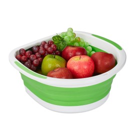 Relaxdays Foldable Colander, Pasta Strainer Kitchen & Camping, Plastic Draining Basket, H x W x D: 13.5 x 33.5 x 32.5 cm, Green/White