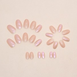 Press on Nails Oval Short, Artificial Fake Nails with Nude Powder Design, Full Cover Reusable Coffin Shaped Glossy False Nails, Simple Sweet Acrylic Nails, Glue on Nails for Women Set 24Pcs