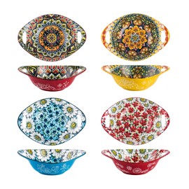 Henten Home Ceramic Salad Bowls with Handle, 19 oz Pasta Bowls Set of 4, Bohemia Porcelain Cereal Bowls, Floral Soup Bowls Set for Kitchen, Ramen, Udon, Microwave & Dishwasher Safe
