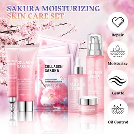 Sakura Skincare Set Hydrating Facial Kit for Women and Girls Moisturizing with Cleanser Toner Serum Face Mask Eye Cream Cream / 사쿠라 스킨케어 세트 여성 및 소녀용 수분 공급 페이셜 키트 클렌저 토너 세럼 페이스 마스크 아이 크림 크림이 포함된 보습