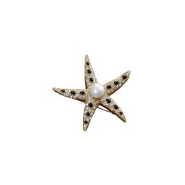 Shell Pearl Rhinestone Starfish Brooch for Women Gold Plated Crystal Star Shaped Brooches Ocean Sea Animal Lapel Pins Elegant Wedding Beach Party Dress Accessories(A)
