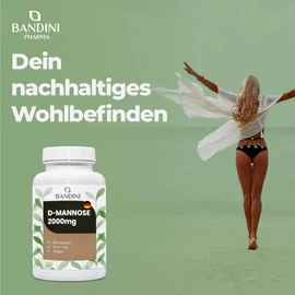 BANDINI Bandini D-Mannose for Cystitis, 2000 mg Pure, High Dose, 180 Capsules, 3 Capsules/day for 2 Months, for Well-being and Support of the Urinary Tract, D-Mannose, Vegan and GMO-Free
