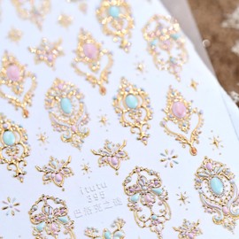 5D Embossed Jade Nail Stickers Gold Nail Art Stickers Decals with Gold Mace Design Star Nail Stickers for Nail Art Gemstone Self-Adhesive Nails Supplies for Women Manicure Decoration