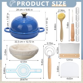Reallnaive 8 Pcs Enameled Bread Dutch Oven with Lid for Sourdough Baking Oven Enameled Cast Iron Dutch Pot with Bread Proofing Basket Baking Supplies Set for Kitchen Homemade Roasting(Blue,5 Quart)