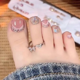 SEMTIM Nail Tips for Feet, 24 Pieces, Thumb Nail Stickers, Foot False Nails, Tips, Reusable, Gel, Nail Tips, Summer, Weddings, Coming-of-Age Ceremonies, Easy Removable, For Feet (JZ-142)