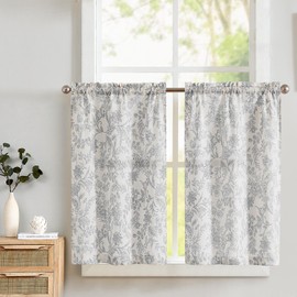 Lazzzy Gray Floral Kitchen Curtains 36 Inch Length, Linen Farmhouse Cafe Curtains Small Rustic Country Curtains Rod Pocket Tier Curtains, Set 2 Panels Grey on Beige