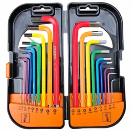 OFOSSTOOL Allen Wrench/Hex Key Set SAE/Metric Sizes, Color S2 Heat-Treated Steel, Ball and Flat End,L Shape, Chrome Vanadium Steel Industrial Grade Set Tool of 18 Pieces (18PCS Set SAE/Metric Sizes)