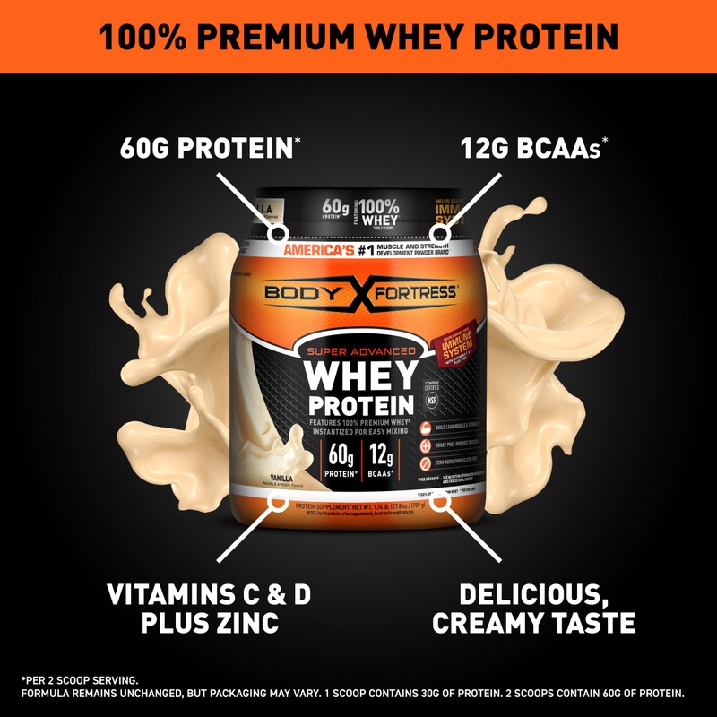 Body Fortress Super Advanced Whey Protein Powder, Vanilla, Immune Support
