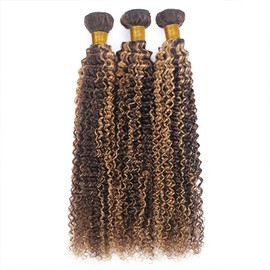 Highlight Kinky Curly Human Hair Bundles Brazilian Remy Human Hair Bundles Piano Colour P4/27 Honey Blonde Bundle Double Weft Bundles for Women 16 18 20 Inches