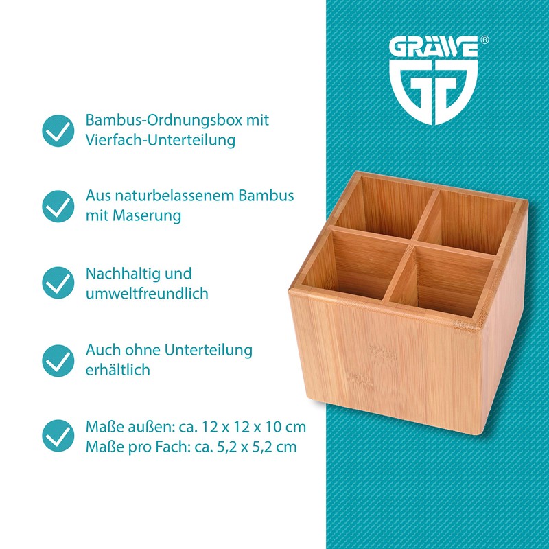 GRAEWE Cutlery Box / Kitchen Utensils Holder with Dividers Bamboo