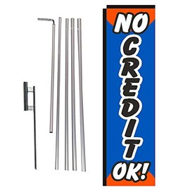 No Credit Okay New and Used Auto Dealership Carlot Advertising Rectangle Feather Banner Flag Sign with Pole Kit and Ground Spike