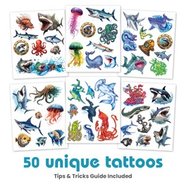 Savvi - 50 Sea Creature Temporary Tattoos: Skin-Safe Ink, Great for Birthday Parties, Gifts for Boys and Girls Ages 4-12+, Made in the USA [6 sheets, 50 count]