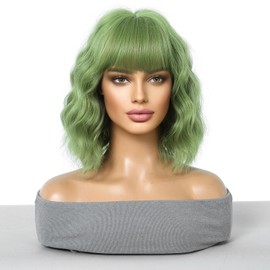 incohair incohair Green Wigs matcha green Wig with Bangs Women Girls Short Curly Wavy Bob Wig Shoulder Synthetic Party Wigs Wig Cap Included (matcha green)